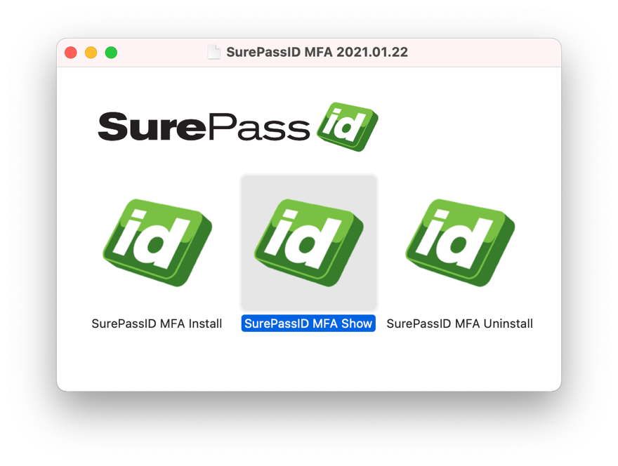 The SurePassID macOS MFA DMG window with the MFA Show application selected.