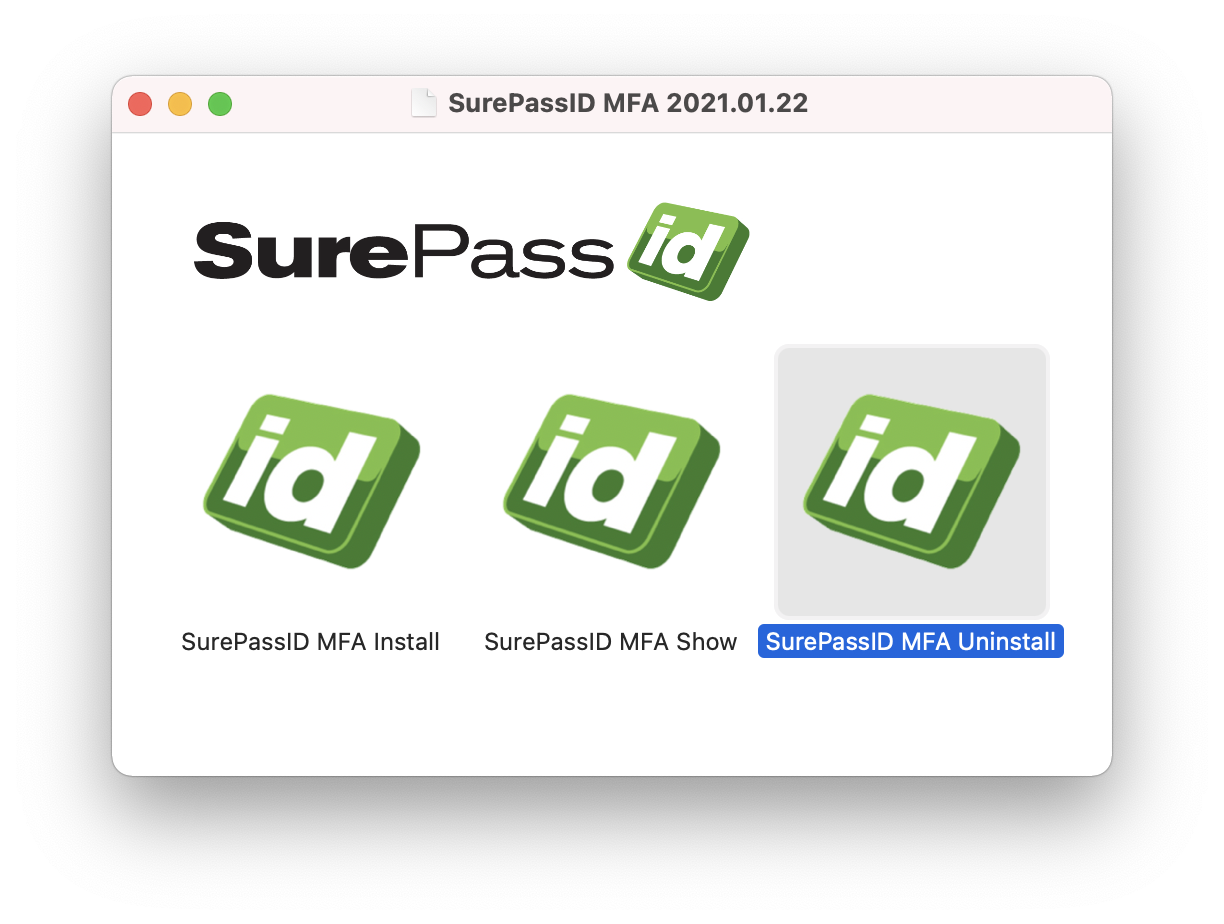 The SurePassID macOS MFA DMG window with the MFA Uninstall application selected.