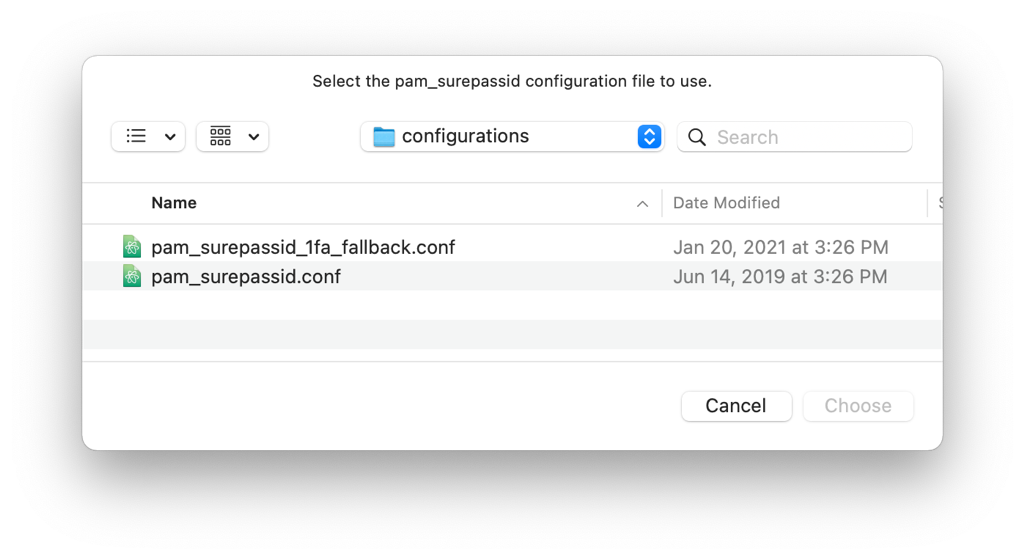 File selection dialog for choosing the pam_surepassid configuration file.