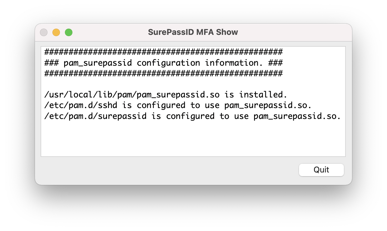 Window listing the pam_surepassid configuration information, including the installed module and the configured PAM services.