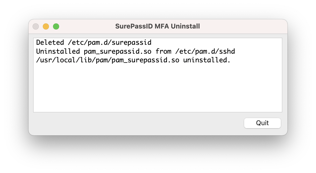 Window reporting that the uninstall is complete, with a Quit button.