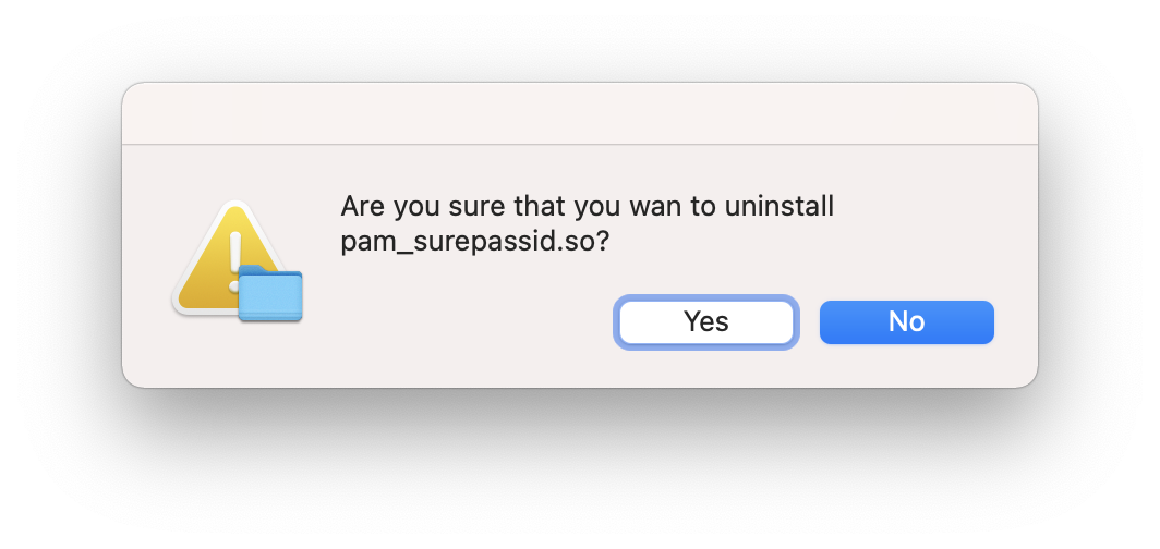 Prompt asking for confirmation to start the pam_surepassid uninstall.